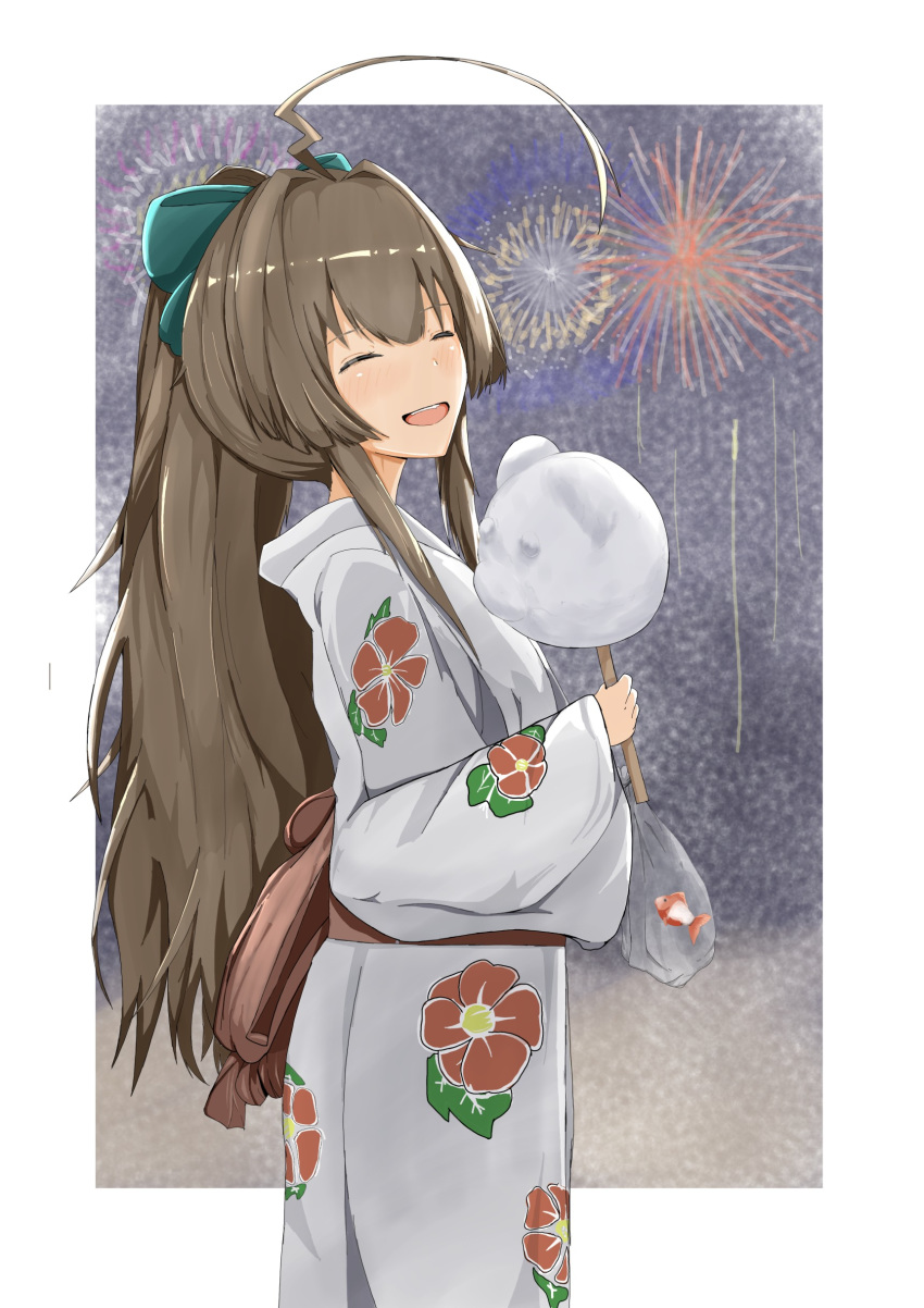 1girl absurdres ahoge brown_hair camellia closed_eyes commentary_request cotton_candy cowboy_shot disuto fireworks floral_print flower highres huge_ahoge japanese_clothes kantai_collection kimono kuma_(kantai_collection) long_hair night official_alternate_costume open_mouth smile solo white_kimono yukata