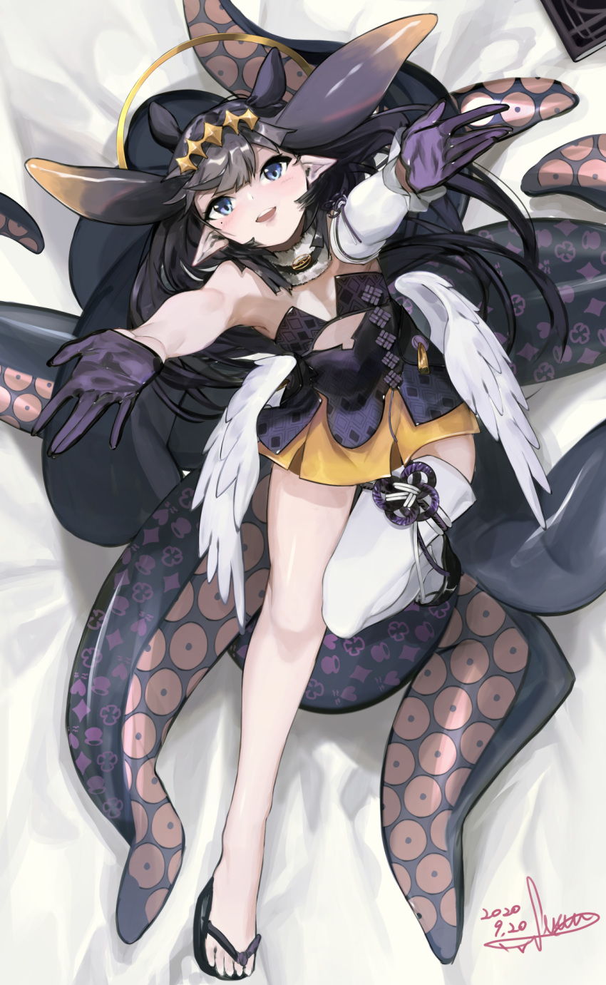 1girl :d armpits arms_up bangs black_hair blue_eyes blunt_bangs dated dress feathered_wings flat_chest foreshortening from_above fur_trim gloves highres hololive hololive_english long_hair looking_at_viewer ninomae_ina'nis open_mouth pointy_ears sandals shirasu_(19san) signature single_arm_warmer single_thighhigh smile solo tentacle_hair tentacles thigh-highs very_long_hair virtual_youtuber wings