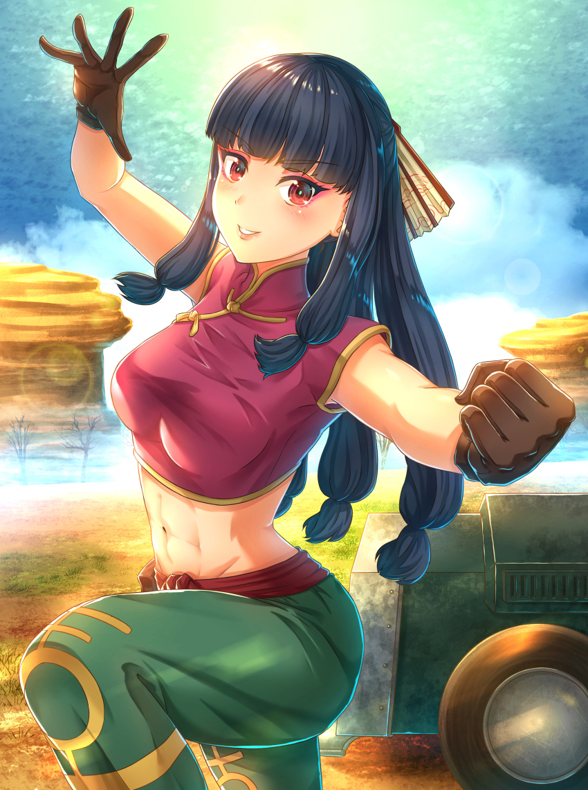 1girl absurdres appare-ranman! black_hair brown_gloves car china_dress chinese_clothes clenched_hand day dress english_commentary fighting_stance gloves green_pants ground_vehicle highres jing_xia_lian long_hair midriff motor_vehicle navel outdoors pants red_eyes smile solo standing standing_on_one_leg zephx