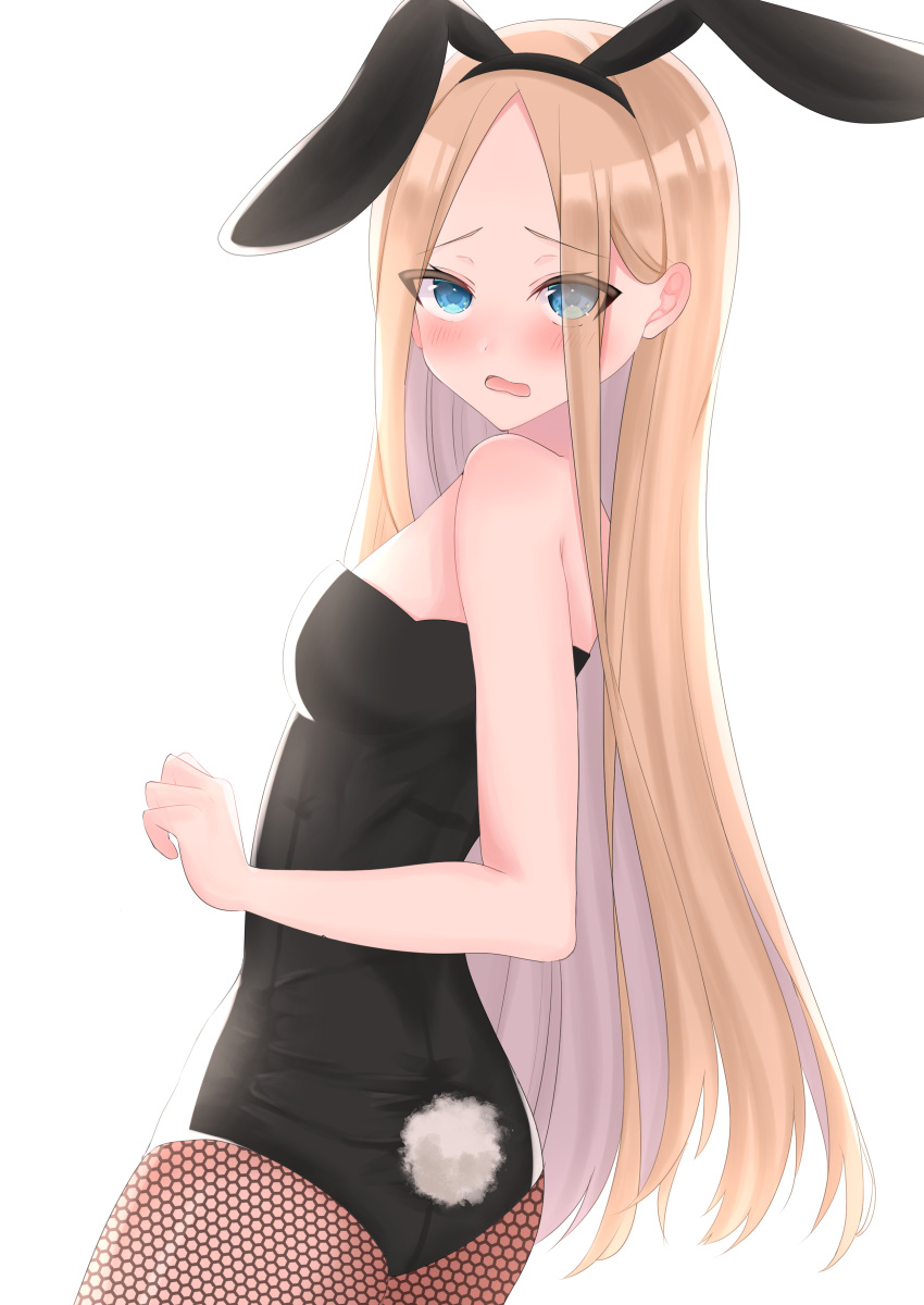 1girl abigail_williams_(fate/grand_order) absurdres animal_ears ass bangs bare_shoulders black_leotard blonde_hair blue_eyes blush breasts bunny_tail bunnysuit doctor_0927 fake_animal_ears fate/grand_order fate_(series) fishnets forehead highres leotard long_hair looking_at_viewer looking_back open_mouth parted_bangs rabbit_ears simple_background small_breasts strapless strapless_leotard tail white_background