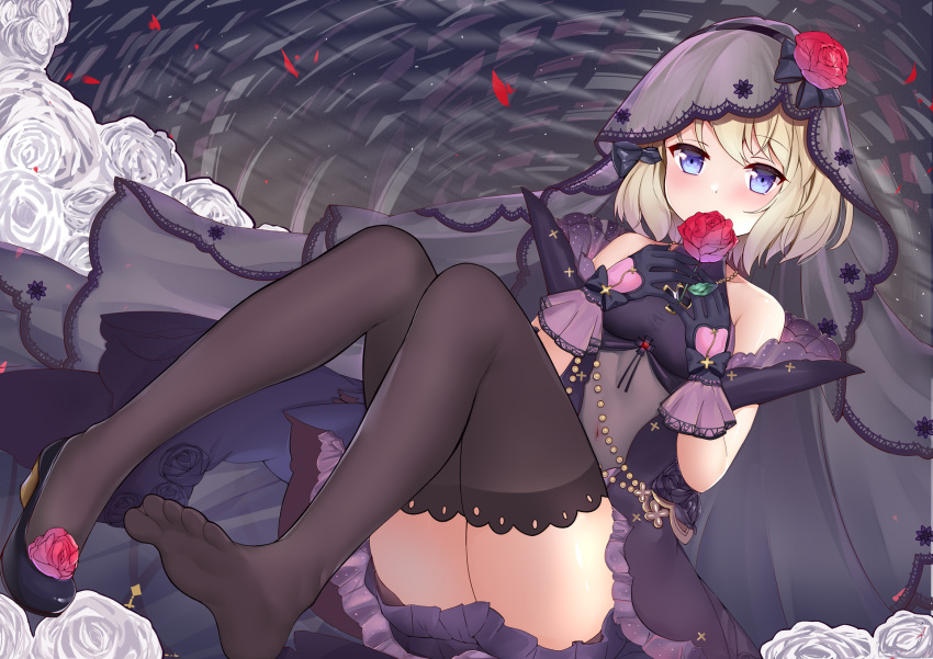 1girl ass azur_lane bare_shoulders black_dress black_gloves black_legwear blonde_hair blue_eyes breasts covered_navel dress feet flower gloves highres knees_up kuaua looking_at_viewer mouth_hold no_shoes red_flower rose see-through short_hair small_breasts solo thigh-highs thighs veil wedding_dress z23_(azur_lane) z23_(schwarze_hochzeit)_(azur_lane)