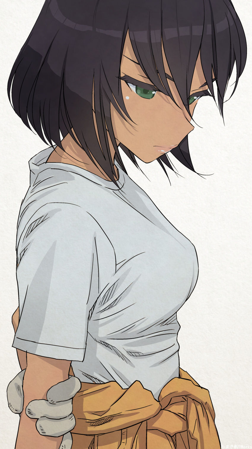 1girl absurdres akagi_(fmttps) black_hair breasts dark_skin girls_und_panzer gloves green_eyes grey_background highres hoshino_(girls_und_panzer) jumpsuit jumpsuit_pull lips medium_breasts orange_jumpsuit shirt short_hair short_sleeves simple_background solo t-shirt white_gloves white_shirt