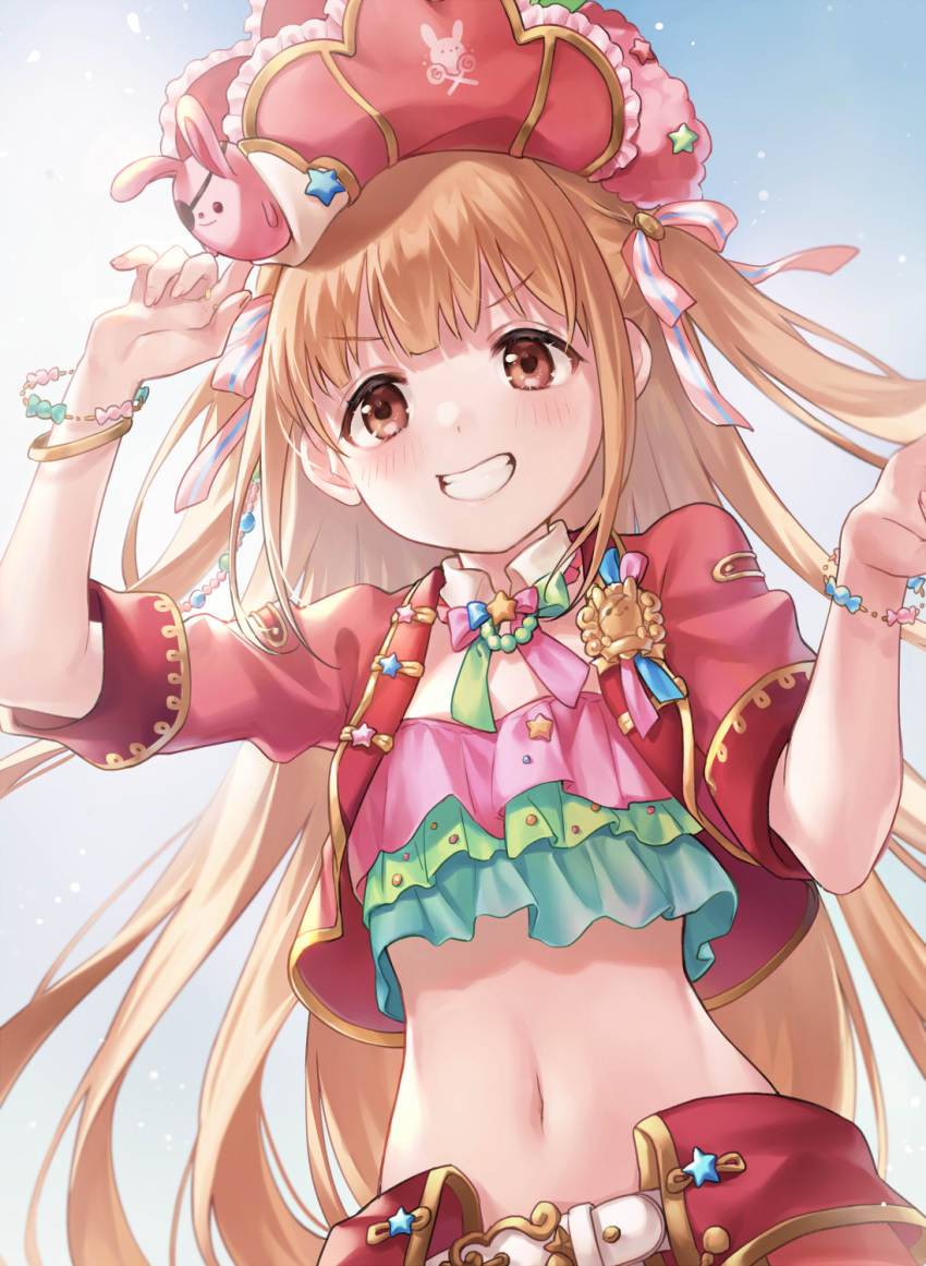 1girl arm_up bangs belt belt_buckle blush brown_eyes brown_hair buckle crop_top cropped_jacket eyebrows_visible_through_hair futaba_anzu grin hand_up hat highres idolmaster idolmaster_cinderella_girls idolmaster_cinderella_girls_starlight_stage jacket long_hair looking_at_viewer midriff navel open_clothes open_jacket pirate_hat red_headwear red_jacket red_skirt shiao short_sleeves skirt smile solo v-shaped_eyebrows very_long_hair white_belt