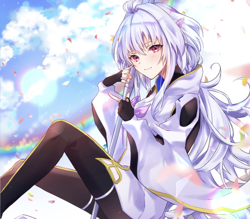 1girl ahoge aomiya bangs black_gloves black_pants blue_sky breasts closed_mouth fate/grand_order fate/prototype fate_(series) fingerless_gloves gloves holding holding_staff knees_up long_hair long_sleeves looking_at_viewer medium_breasts merlin_(fate/prototype) pants petals sitting sky smile staff thighs very_long_hair violet_eyes white_hair white_robe wide_sleeves