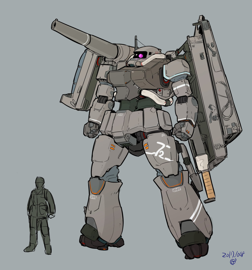 clenched_hands dated grey_background gundam highres looking_ahead mecha mobile_suit_gundam moi_moi7 one-eyed pink_eyes redesign shoulder_cannon silhouette size_comparison zaku zeon