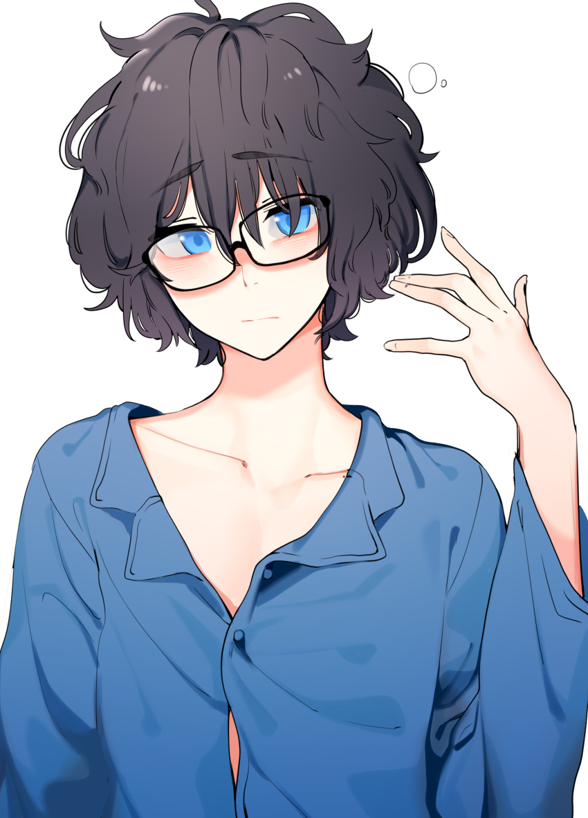 1boy absurdres ahoge bangs black-framed_eyewear black_hair blue_eyes blue_pajamas blue_shirt blush closed_mouth collarbone collared_shirt commentary_request dress_shirt eyebrows_visible_through_hair glasses hair_between_eyes hand_up highres indie_virtual_youtuber kushizaki_(vtuber) looking_at_viewer male_focus messy_hair pajamas shirt short_hair simple_background sleepy solo st_(youx1119) upper_body virtual_youtuber white_background