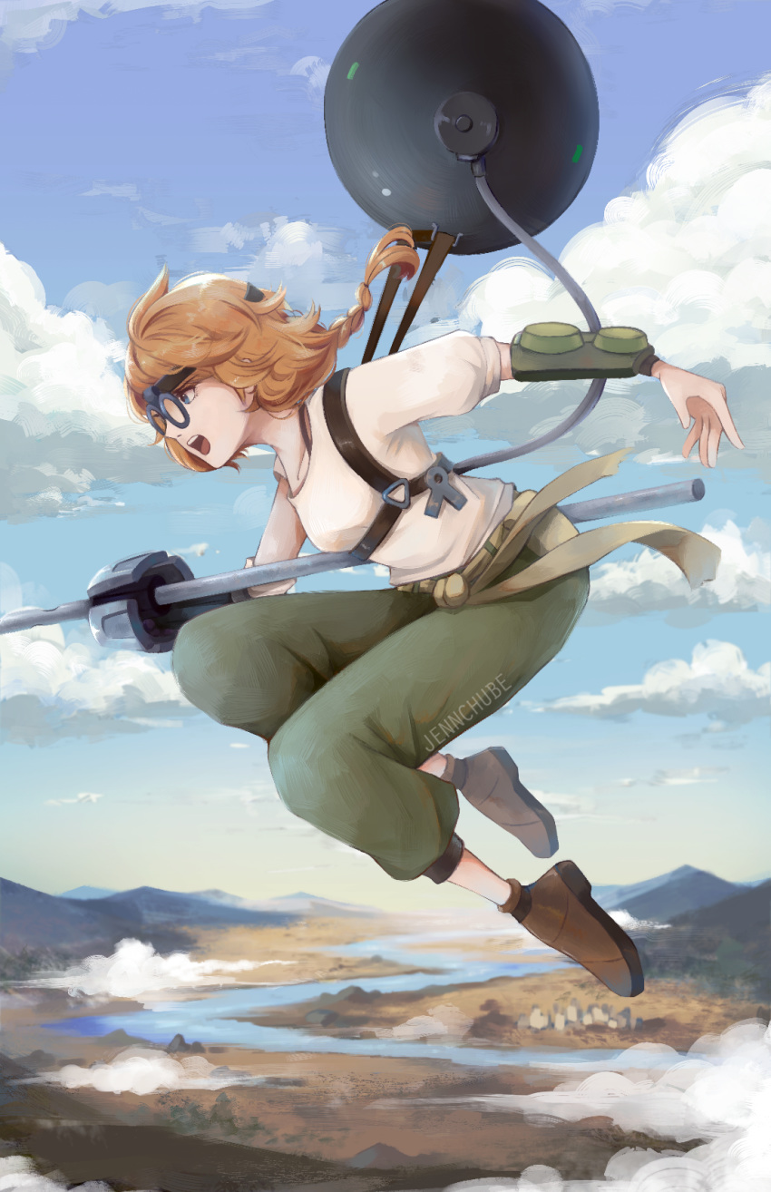 1girl artist_name blue_eyes braid braided_ponytail brown_footwear brown_hair clouds day decadence_(anime) glasses green_pants harness headband highres midair mountain natsume_(decadence) open_mouth outdoors pants phi_(youchube) profile prosthesis prosthetic_arm river shirt short_sleeves white_shirt