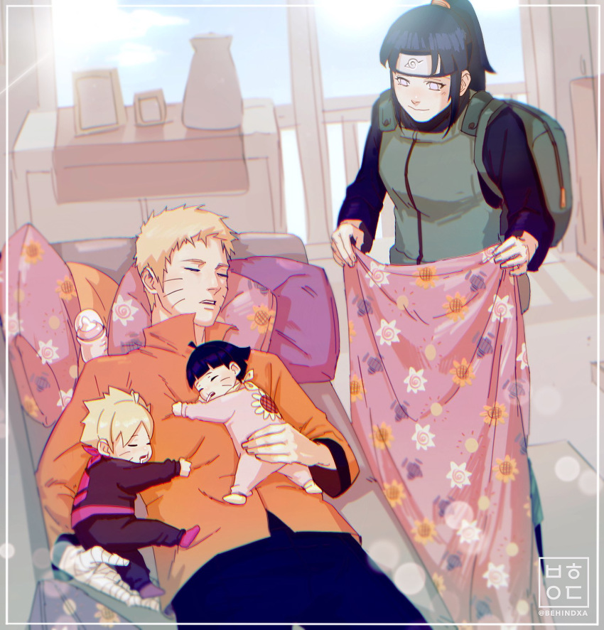 2boys 2girls baby baby_bottle backpack bag behindxa black_hair blanket blonde_hair boruto:_naruto_next_generations bottle closed_eyes closed_mouth commentary_request drooling family father_and_daughter father_and_son headband high_ponytail highres holding holding_blanket husband_and_wife hyuuga_hinata korean_commentary long_hair long_sleeves lying mother_and_daughter mother_and_son multiple_boys multiple_girls naruto_(series) on_back pajamas pillow ponytail sleeping smile uzumaki_boruto uzumaki_himawari uzumaki_naruto whisker_markings