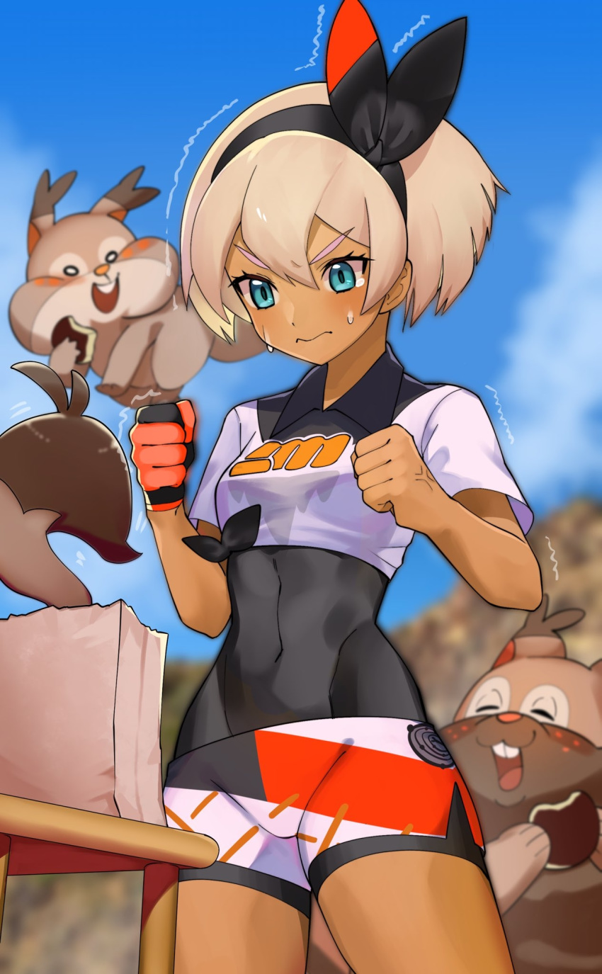 1girl anger_vein bag bangs bea_(pokemon) black_bodysuit black_hairband blonde_hair blue_eyes blurry blurry_background blush bodysuit bodysuit_under_clothes bow_hairband clenched_hands closed_mouth clouds collared_shirt commentary_request dark_skin day eyelashes gen_8_pokemon gloves greedent gym_leader hair_between_eyes hairband hands_up highres katwo looking_down outdoors paper_bag pokemon pokemon_(creature) pokemon_(game) pokemon_swsh print_shirt print_shorts shirt short_hair short_sleeves shorts single_glove skwovet sky sweat tied_shirt trembling v-shaped_eyebrows