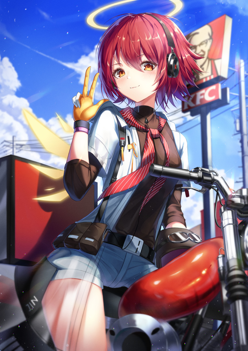 1girl absurdres alternate_costume arknights bangs belt black_belt black_shirt blue_sky clouds colonel_sanders commentary day exusiai_(arknights) gloves ground_vehicle halo hand_up headphones highres kfc long_sleeves looking_at_viewer motor_vehicle motorcycle neckerchief open_clothes open_shirt orange_eyes raccoon_(raccoonccoon) red_neckwear redhead shirt short_hair short_shorts shorts sky smile solo thighs w white_shirt white_shorts