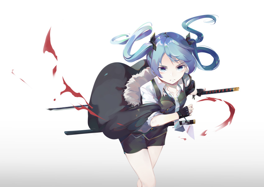 1girl absurdres aqua_eyes aqua_hair aqua_neckwear bangs black_gloves black_ribbon black_shorts breasts buttons cape collarbone collared_shirt commentary_request determined double-breasted fingerless_gloves fur-trimmed_cape fur_trim gloves grey_background hair_ribbon hatsune_miku highres holding holding_sword holding_weapon katana leaning_forward long_hair looking_at_viewer necktie ribbon serious sheath shirt shorts sidelocks simple_background small_breasts swept_bangs sword unsheathed v-shaped_eyebrows vest vocaloid weapon white_shirt zeppeki_shoujo