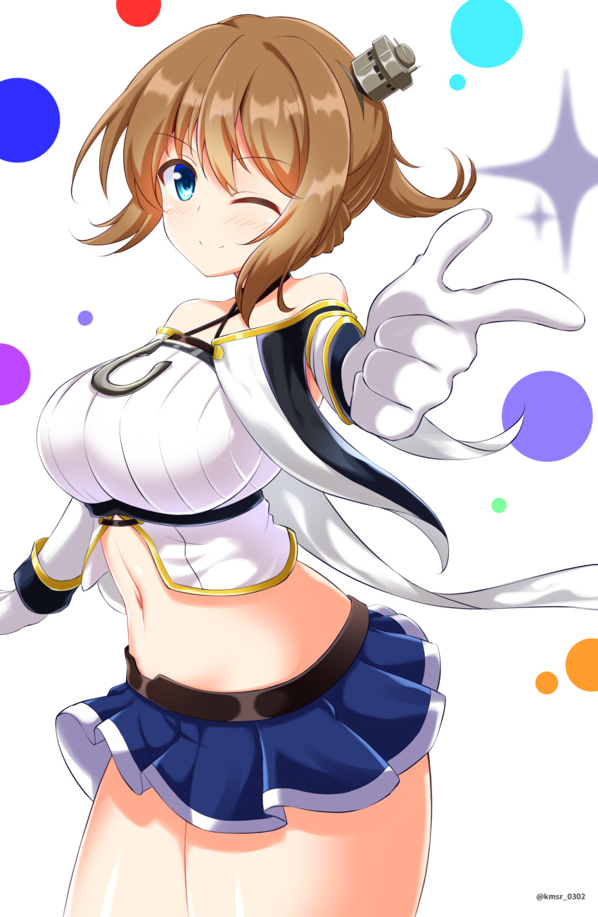 1girl ;) anchor azur_lane bangs bare_shoulders blue_capelet blue_eyes blue_skirt blush braid breasts brown_hair capelet commentary_request cowboy_shot criss-cross_halter crop_top eyebrows_visible_through_hair finger_gun french_braid gloves hair_between_eyes halterneck hat highres kamishiro_(rsg10679) large_breasts looking_at_viewer midriff mini_hat miniskirt navel one_eye_closed pleated_skirt ponytail repulse_(azur_lane) short_hair sidelocks skirt smile solo standing thigh-highs twitter_username white_background white_gloves white_legwear