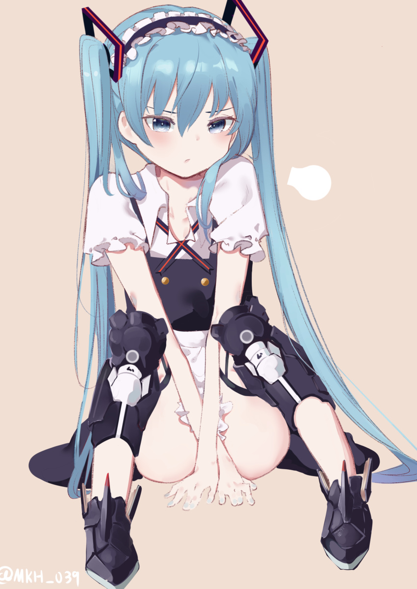 1girl :/ absurdres alternate_costume apron aqua_eyes aqua_hair aqua_nails armor armored_boots bangs beige_background boots breasts collarbone commentary convenient_arm enmaided frilled_apron frills full_body hairband hatsune_miku highres knee_pads knees_up legs_apart long_hair looking_at_viewer maid maid_headdress nail_polish pout puffy_short_sleeves puffy_sleeves short_sleeves sidelocks simple_background sitting small_breasts twintails twitter_username very_long_hair vocaloid waist_apron zeppeki_shoujo