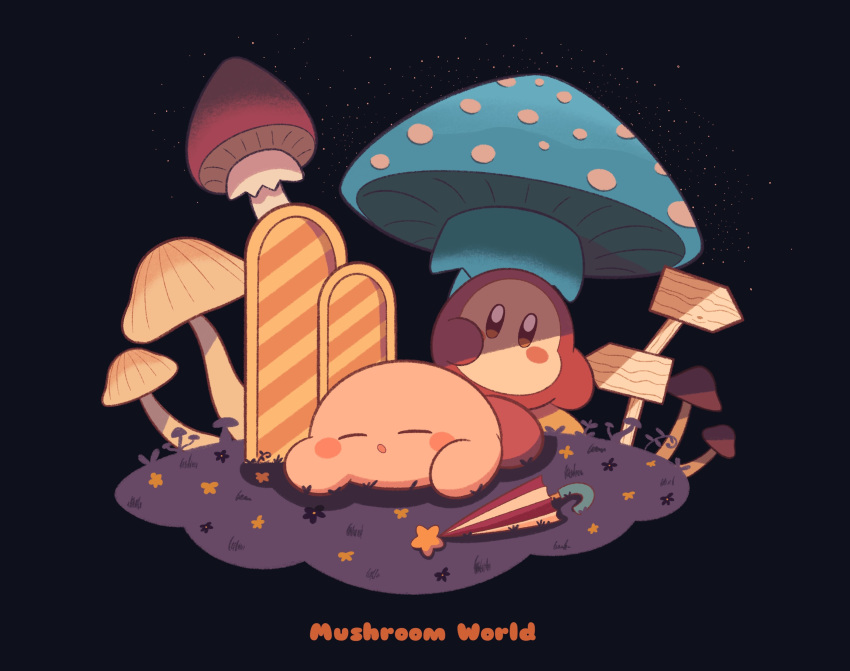 1boy 1other 2-gou_(181poyo) absurdres alien black_background brown_eyes english_text highres kirby kirby_(series) mushroom no_humans sleeping symbol_commentary umbrella waddle_dee