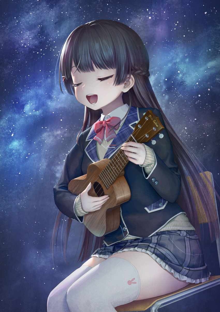 1girl bangs black_hair bow bowtie braid chair closed_eyes commentary_request highres holding holding_instrument instrument kath long_hair nijisanji open_mouth school_chair school_uniform skirt sky smile solo star_(sky) starry_sky teeth thigh-highs tsukino_mito ukulele virtual_youtuber white_legwear