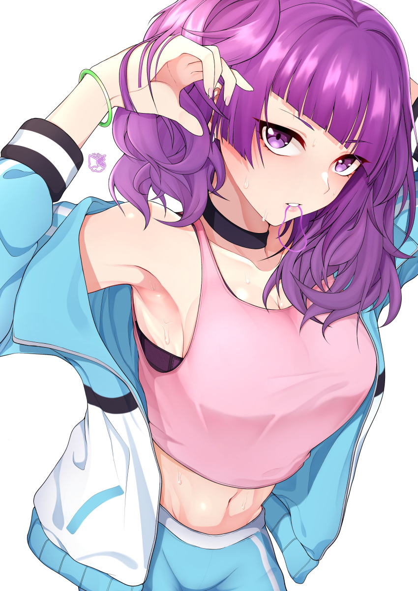 1girl absurdres armpits blush eyebrows_visible_through_hair highres idolmaster idolmaster_shiny_colors looking_at_viewer nello_kun purple_hair simple_background sweat tanaka_mamimi tank_top violet_eyes