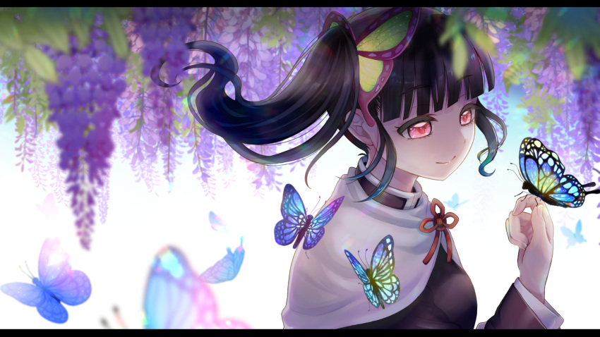 1girl bangs black_hair black_jacket blunt_bangs blurry_foreground butterfly_hair_ornament butterfly_on_hand cape closed_mouth eyebrows_visible_through_hair floating_hair flower from_side hair_ornament highres jacket kimetsu_no_yaiba long_hair long_sleeves mugu1 neck_ribbon pink_eyes purple_flower red_ribbon ribbon shiny shiny_hair side_ponytail smile solo tsuyuri_kanao upper_body white_cape wisteria
