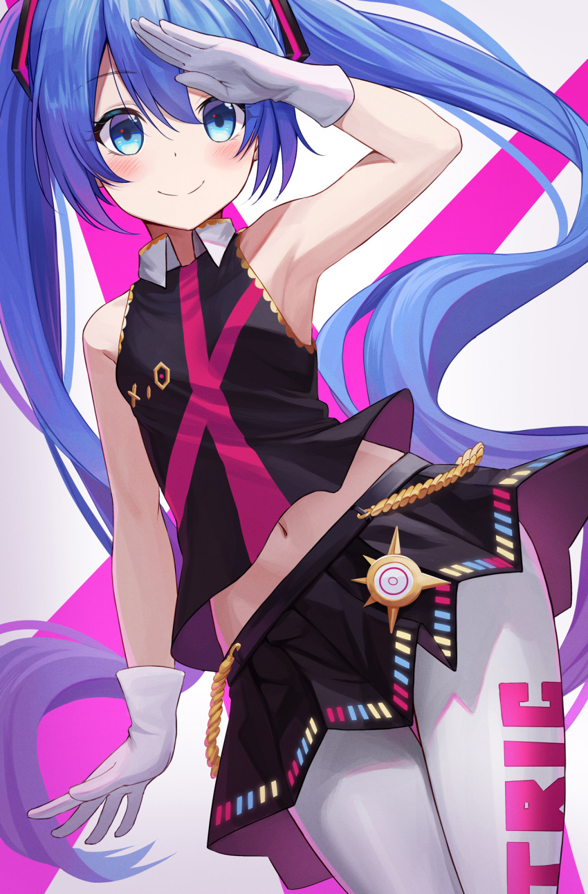 1girl arm_up armpits bare_arms bare_shoulders bib_(bibboss39) black_shirt black_skirt blue_eyes blue_hair collared_shirt cowboy_shot crop_top crop_top_overhang flat_chest gloves hair_ornament hatsune_miku highres long_hair looking_at_viewer midriff miniskirt navel pantyhose pleated_skirt salute shirt skirt sleeveless sleeveless_shirt smile solo twintails very_long_hair vocaloid white_gloves white_legwear