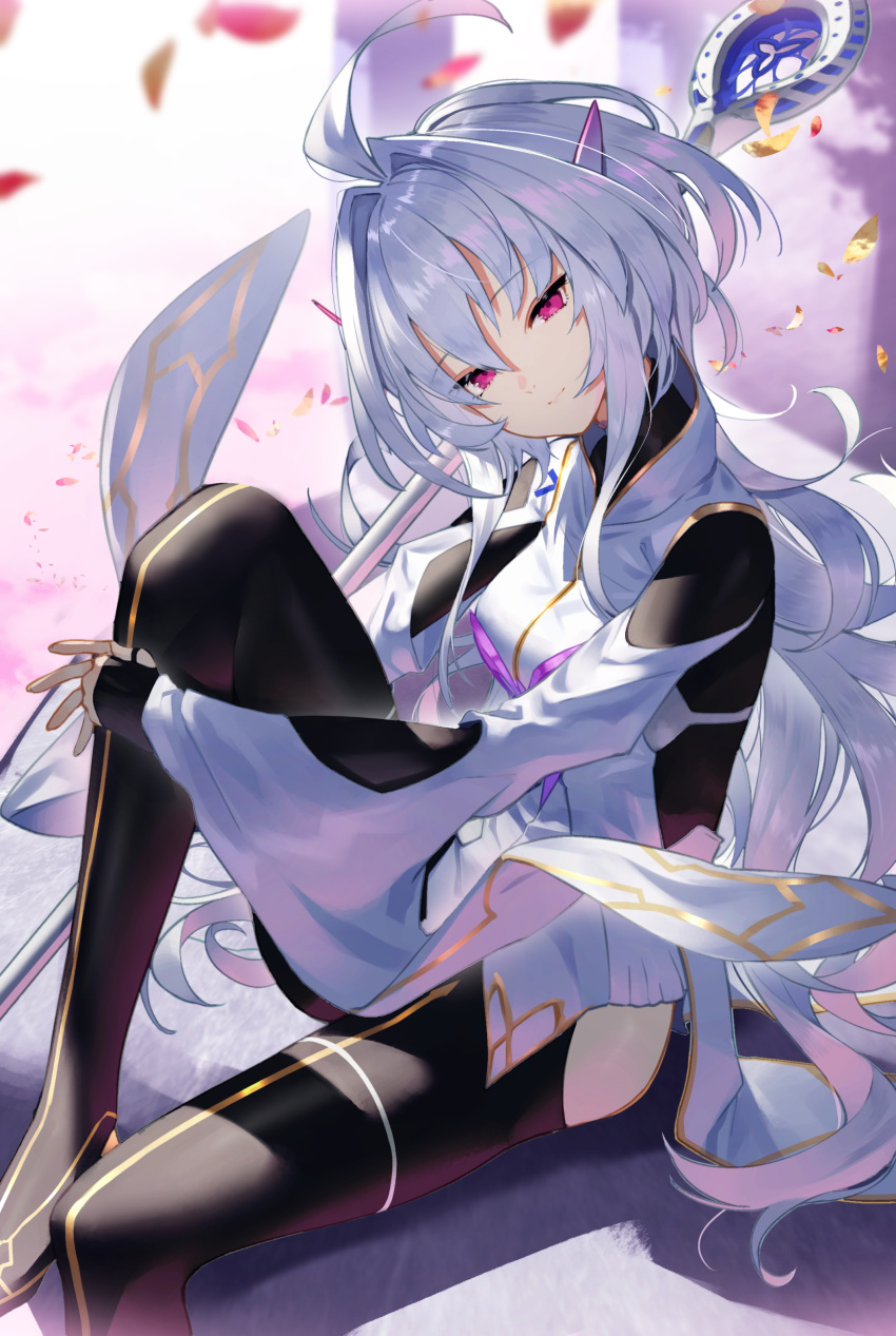 1girl absurdres ahoge bangs black_gloves black_pants breasts closed_mouth fate/grand_order fate/prototype fate_(series) fingerless_gloves gloves highres holding holding_staff knee_up long_hair long_sleeves looking_at_viewer medium_breasts merlin_(fate/prototype) pants petals sitting smile staff sukocchi thighs very_long_hair violet_eyes white_hair white_robe wide_sleeves