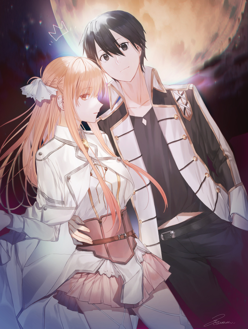 1boy 1girl absurdres asuna_(sao) bangs black_eyes black_hair black_pants black_shirt bustier cape closed_mouth coat collarbone couple cowboy_shot dutch_angle eyebrows_visible_through_hair full_moon garter_straps hair_between_eyes hand_in_pocket hand_on_another's_hip hetero highres kirito long_sleeves looking_at_viewer midriff miniskirt moon navel night older open_clothes open_coat pants pink_skirt pleated_skirt riko201008 shiny shiny_hair shirt short_hair signature skirt solo standing stomach sword_art_online white_cape