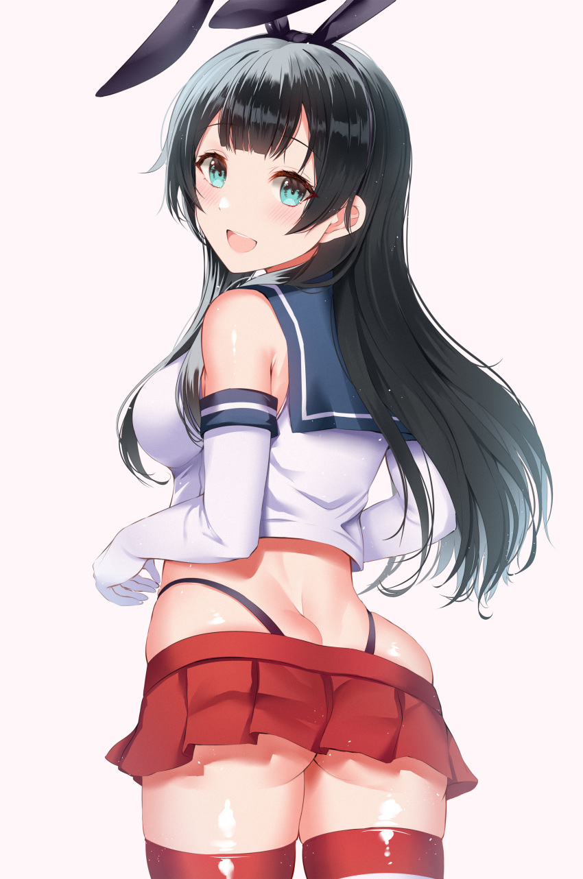 1girl absurdres agano_(kantai_collection) aqua_eyes ass black_panties blue_sailor_collar blush breasts cosplay elbow_gloves from_behind gloves hairband head_tilt highleg highleg_panties highres interstellar kantai_collection large_breasts long_hair miniskirt open_mouth panties pink_background pleated_skirt red_skirt sailor_collar shimakaze_(kantai_collection) shimakaze_(kantai_collection)_(cosplay) simple_background skirt solo striped striped_legwear thigh-highs underwear white_gloves