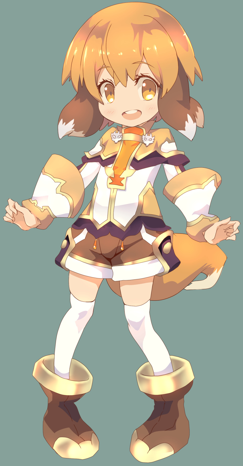 1boy absurdres animal_ears blush boots brown_eyes brown_hair dog_boy dog_ears dog_tail eyelashes full_body green_background highres looking_at_viewer nekorin open_mouth pop-up_story shorts simple_background smile solo st._feles_gakuen_uniform tail thigh-highs white_legwear yuuri_lessen