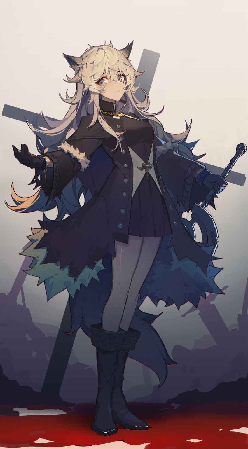 1girl absurdres alternate_costume animal_ears arknights bangs bare_legs black_coat black_dress black_footwear black_gloves blood boots coat commentary_request dress eyebrows_visible_through_hair full_body gloves grey_eyes hand_up highres holding holding_sword holding_weapon lappland_(arknights) long_hair looking_to_the_side mongarit open_clothes open_coat planted_sword planted_weapon scar scar_across_eye sharp_teeth shirt short_dress silver_hair smile solo standing sword teeth weapon white_shirt wolf_ears