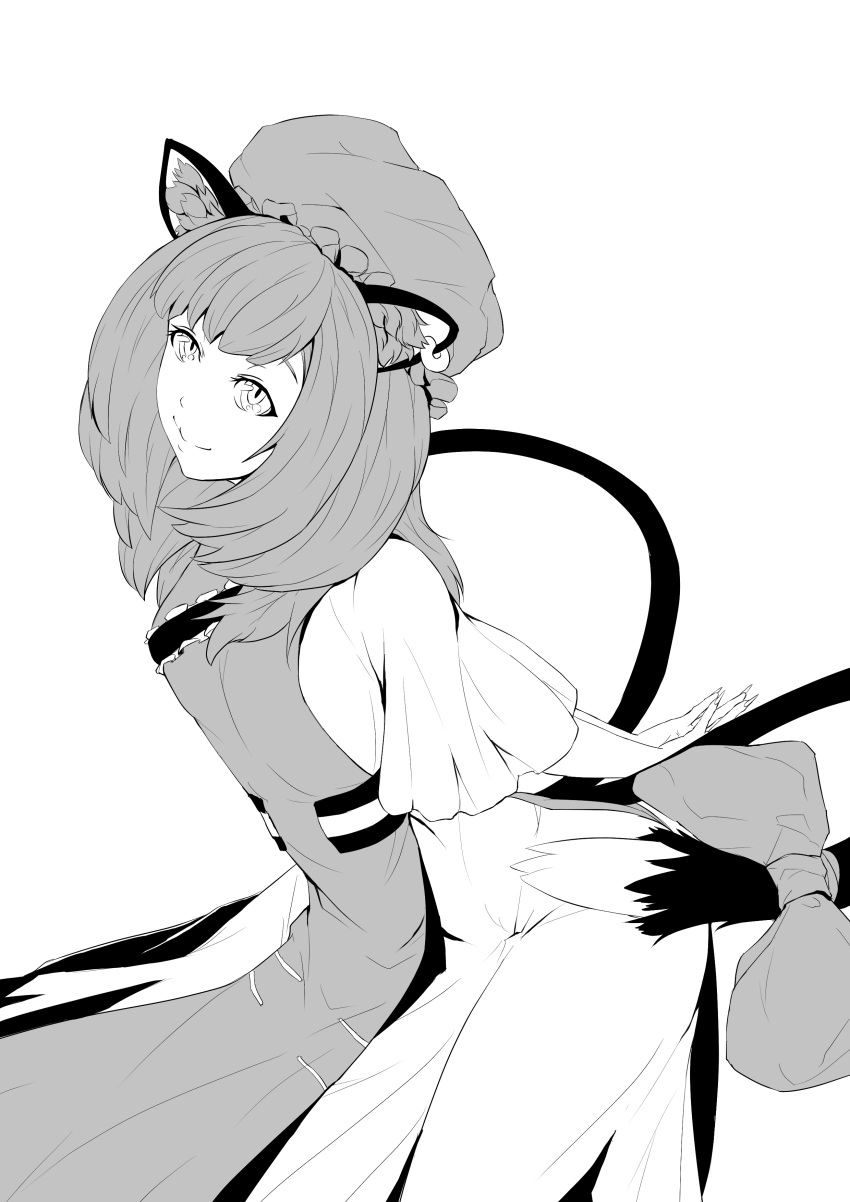 1girl absurdres animal_ears cat_ears cat_tail chen chinese_clothes frilled_skirt frills greyscale hansoku_tantei_satori hat highres jewelry long_sleeves looking_at_viewer monochrome multiple_tails nekomata peaceful_(llvg) pillow_hat shirt short_hair single_earring skirt skirt_set smile solo tabard tail touhou two_tails vest white_shirt