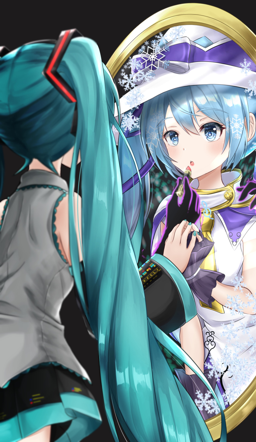 2girls :o absurdres aqua_eyes aqua_hair aqua_nails bare_shoulders black_skirt black_sleeves bow cloak detached_sleeves different_reflection dual_persona fingerless_gloves from_behind gloves glowing_hands grey_shirt hair_ornament hand_on_another's_shoulder hands_together hat hat_bow hatsune_miku headphones highres huge_filesize incredibly_absurdres itogari large_hat light_blue_eyes light_blue_hair light_blush lipstick long_hair looking_at_another magic_mirror_(snow_white) makeup miniskirt multiple_girls nail_polish necktie open_mouth pleated_skirt purple_gloves reflection shirt short_necktie silhouette skirt sleeveless sleeveless_shirt snowflakes striped striped_bow twintails upper_body very_long_hair vocaloid white_headwear white_shirt witch_hat yellow_neckwear yuki_miku yuki_miku_(2014)