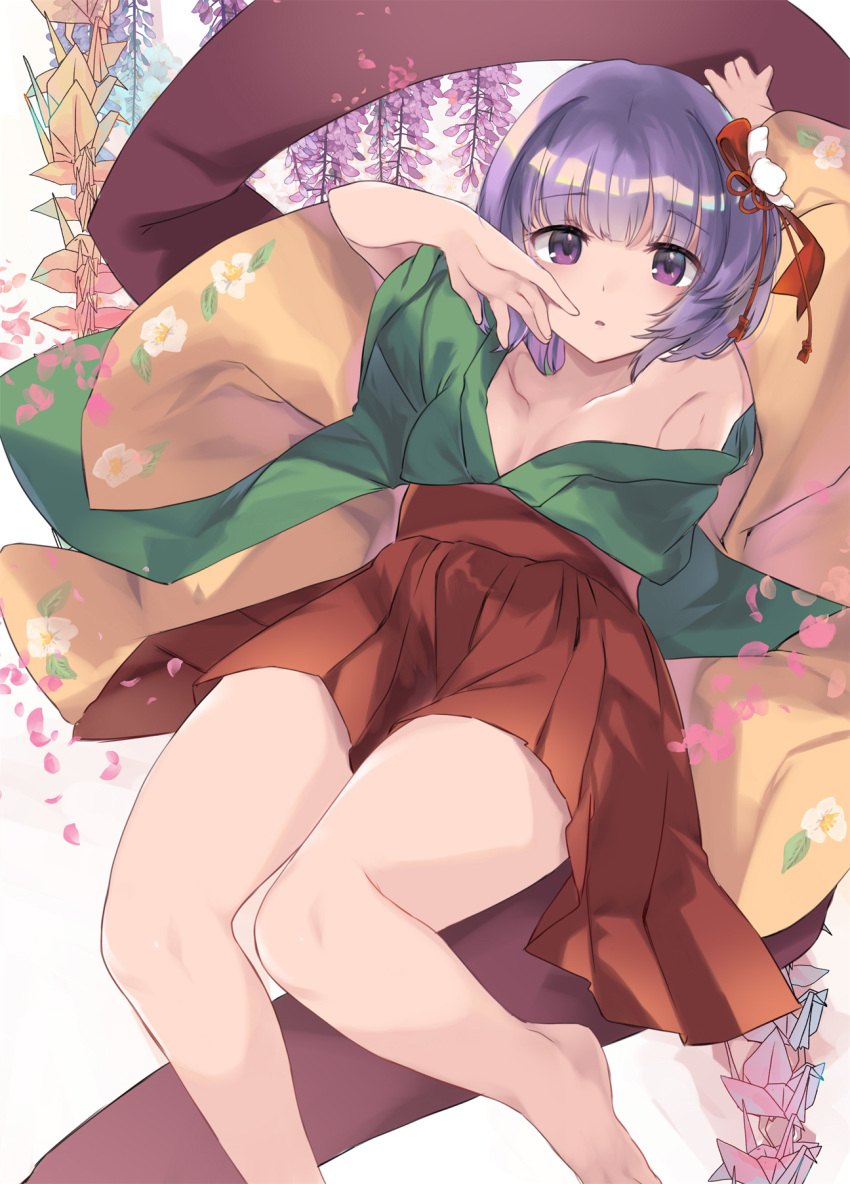 1girl :o armpits arms_up bangs bare_legs barefoot breasts collarbone eyebrows_visible_through_hair floral_print flower foot_out_of_frame hair_flower hair_ornament hand_on_own_cheek haya_taro_pochi hieda_no_akyuu highres japanese_clothes kimono knees_together_feet_apart looking_at_viewer medium_breasts medium_hair open_clothes open_kimono petals pleated_skirt purple_hair red_skirt skirt thighs touhou violet_eyes wide_sleeves wisteria