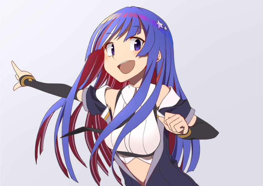 1girl american_flag ayakaze bangs black_neckwear blue_eyes blue_hair breasts eyebrows_visible_through_hair gloves jacket kantai_collection long_hair multicolored_hair necktie neckwear outstretched_arm pointing redhead simple_background solo south_dakota_(kantai_collection) white_background white_hair