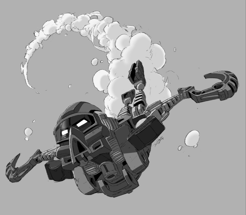 1girl absurdres bionicle gali_(bionicle) gears grey_background highres hook jeetdoh kanohi_(bionicle) mask monochrome no_humans robot swimming the_lego_group white_eyes