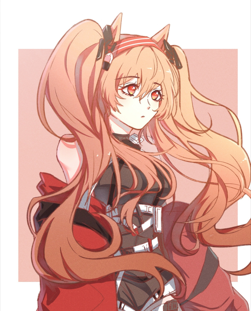 1girl alternate_costume angelina_(arknights) animal_ears arknights bangs bare_shoulders belt breasts chinese_commentary commentary_request eyebrows_visible_through_hair fox_ears hair_between_eyes hairband highres long_hair medium_breasts orange_eyes orange_hair red_hairband shin_(shin9159) solo twintails upper_body white_belt