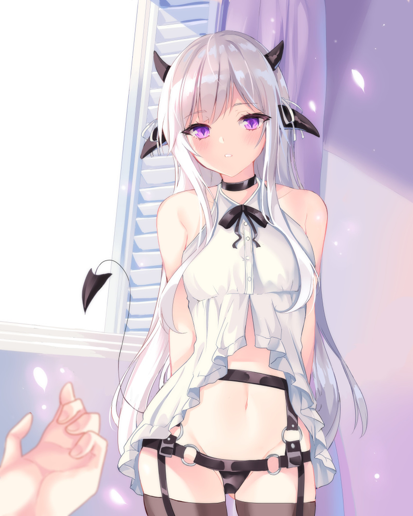 1girl absurdres arms_behind_back blush choker collarbone curtains demon_girl demon_horns demon_tail eris_(yaya_chan) garter_straps highres horns indoors looking_at_viewer navel original parted_lips pov pov_hands slit_pupils solo_focus standing sunlight tail thigh-highs violet_eyes white_hair window yaya_chan