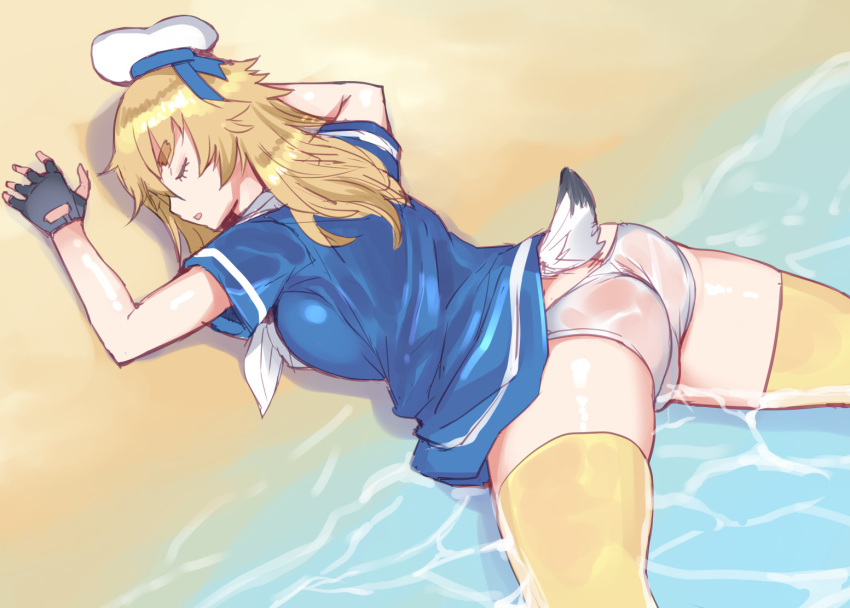 1girl ass beach bird_tail black_gloves blonde_hair blue_shirt blush bosshi closed_eyes doubutsu_no_mori fingerless_gloves genderswap genderswap_(mtf) gloves hat johnny_(doubutsu_no_mori) long_sleeves lying neckerchief on_stomach open_mouth panties personification sailor_collar see-through shirt shore short_sleeves sleeping solo tail thick_eyebrows thigh-highs underwear water white_headwear white_legwear white_neckwear