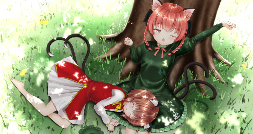 2girls against_tree animal_ear_fluff animal_ears arms_up barefoot braid brown_hair bug butterfly cat_ears cat_tail chen commentary_request dappled_sunlight day dress feet_out_of_frame fingernails green_dress hair_ribbon hat headwear_removed highres insect juliet_sleeves kaenbyou_rin lap_pillow layered_dress long_sleeves lying lying_on_person mob_cap multiple_girls multiple_tails neck_ribbon nyanyanoruru on_grass on_side one_eye_closed outdoors puffy_sleeves red_dress red_neckwear redhead ribbon shiny shiny_hair short_hair sitting sleeping stretch sunlight tail touhou tree twin_braids under_tree white_dress yawning