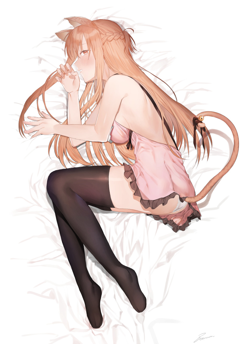 1girl absurdres animal_ears asuna_(sao) backless_dress backless_outfit bed_sheet black_legwear blush braid breasts brown_eyes brown_hair cat_ears cat_tail dress french_braid frilled_dress frills from_above full_body highres kemonomimi_mode long_hair looking_at_viewer lying on_side panties pink_dress riko201008 shiny shiny_clothes shiny_hair shiny_legwear short_dress sideboob sleeveless sleeveless_dress solo sword_art_online tail thigh-highs underwear very_long_hair white_background white_panties