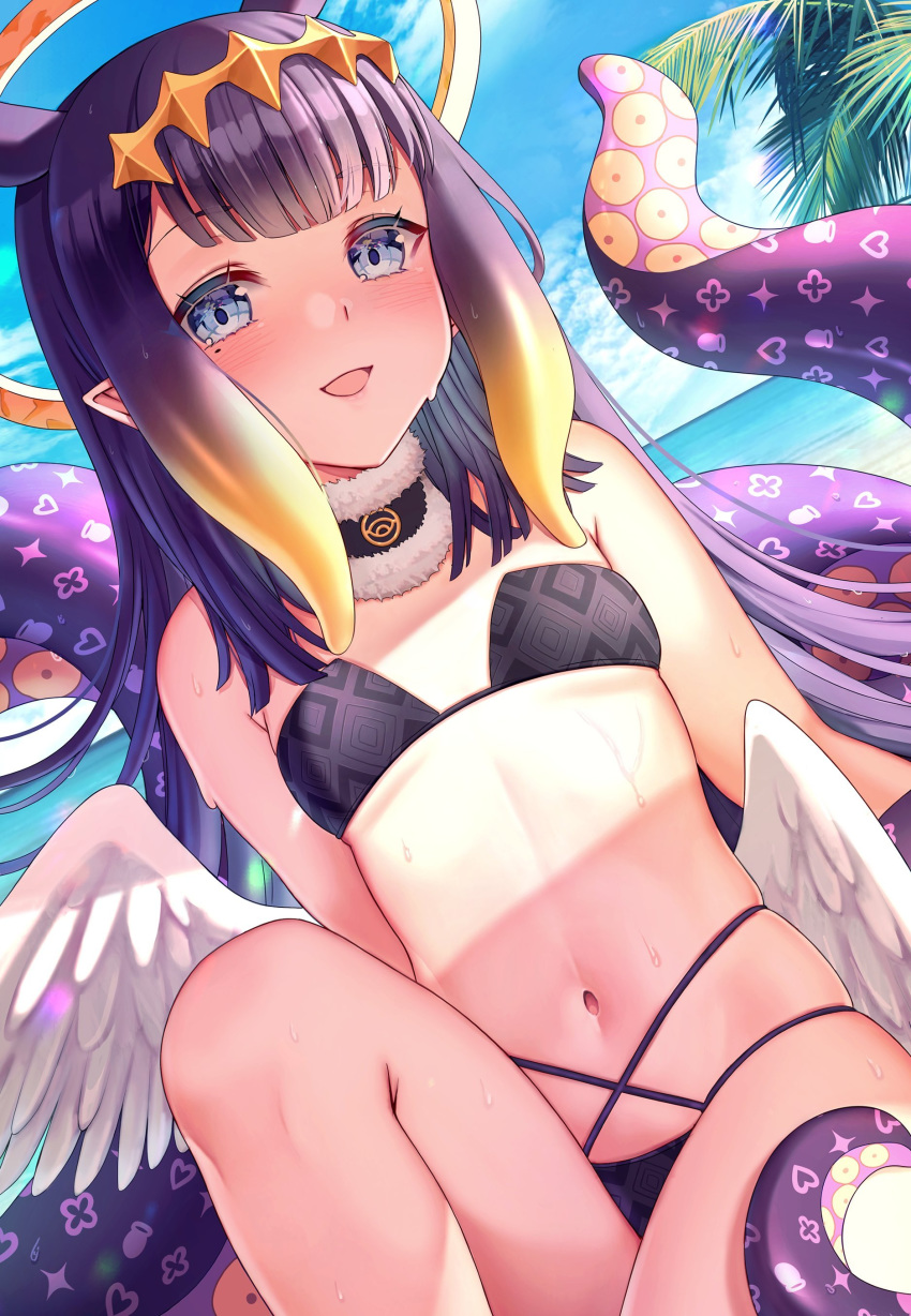 1girl absurdres bangs beach bikini blue_eyes blunt_bangs breasts day fur_collar halo highres hololive hololive_english long_hair looking_at_viewer mole mole_under_eye monster_girl navel ninomae_ina'nis outdoors pointy_ears purple_hair saruei sitting small_breasts smile solo stomach strapless strapless_bikini swimsuit tentacle_hair tentacles thighs virtual_youtuber wet