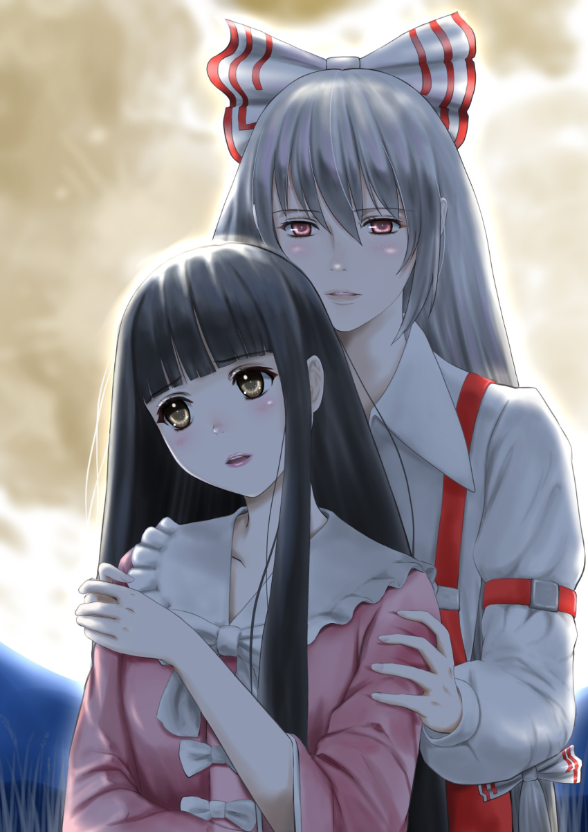2girls armband backlighting bangs behind_another black_hair blunt_bangs bosutonii brown_eyes commentary_request eyebrows_visible_through_hair fujiwara_no_mokou full_moon hair_ribbon hands_on_another's_arm head_tilt highres hime_cut holding_hands houraisan_kaguya lips long_hair long_sleeves looking_at_viewer looking_to_the_side moon multiple_girls night ofuda outdoors pants parted_lips pink_shirt red_eyes red_pants ribbon shirt silver_hair standing suspenders touhou upper_body very_long_hair white_shirt