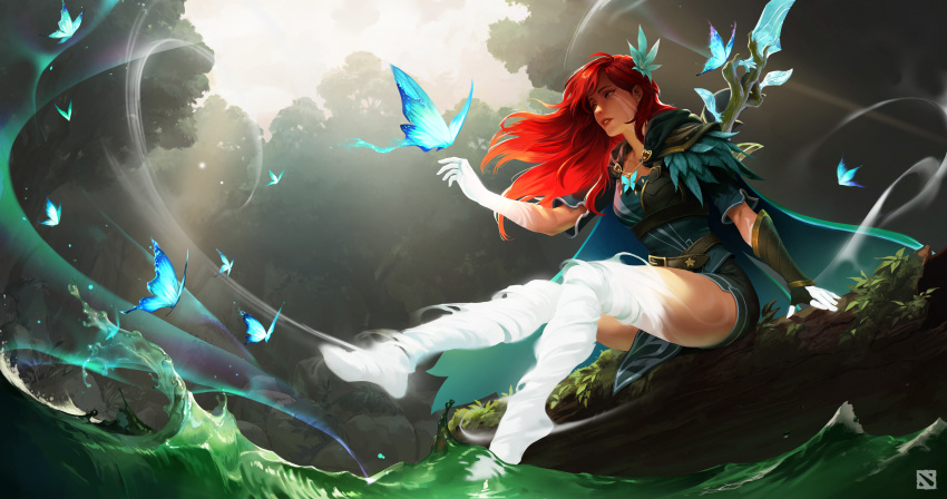1girl absurdres arm_guards artist_request belt belt_buckle bow_(weapon) breasts buckle bug butterfly cape clasp crystal defense_of_the_ancients dota_2 ears feathers forest gloves hair_ornament highres insect lips log logo long_hair looking_at_animal medium_breasts moss nature nose nostrils official_art outstretched_arm outstretched_legs parted_lips partly_fingerless_gloves redhead rock shoulder_pads sitting solo too_many_butterflies underbust wallpaper water waves weapon wind windranger_(dota) yugake