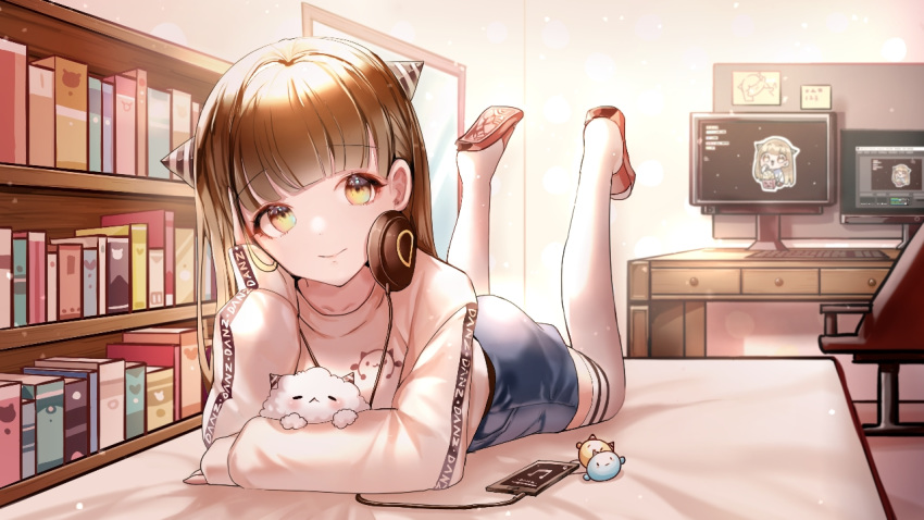 1girl :&lt; animal bangs bed blurry book bookshelf brown_eyes brown_hair cable chair closed_mouth clothes_writing commentary_request computer copyright_request desk digital_media_player dog feet_up floor full_body hand_on_own_face headphones headphones_around_neck horns keyboard_(computer) korean_commentary long_hair long_sleeves lying making-of_available misyune monitor musical_note office_chair on_bed on_stomach print_shirt room shirt shoe_soles shorts sleeves_past_wrists slippers smile stuffed_toy the_pose thigh-highs wall white_legwear window yellow_eyes
