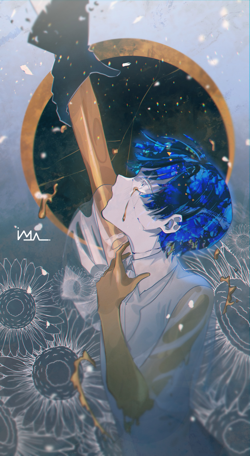 1other absurdres androgynous bangs blue_hair blunt_bangs crack crying crying_with_eyes_open crystal_hair flower gold golden_arms highres houseki_no_kuni huge_filesize iyo_(iyoo) phosphophyllite phosphophyllite_(ll) reaching_out short_hair solo sparkle sunflower tears white_eyes