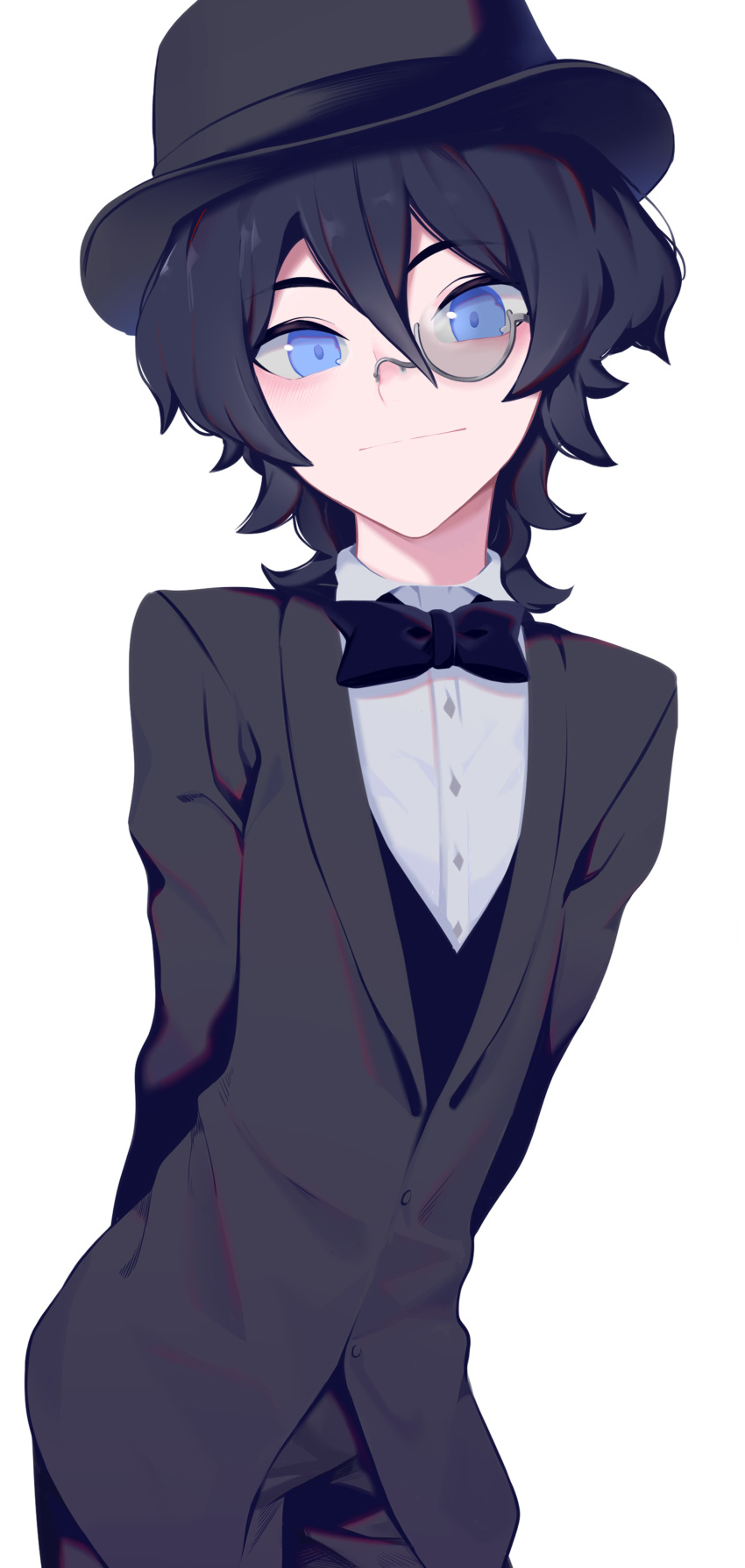 1boy absurdres arms_behind_back bangs black_hair black_headwear black_jacket black_neckwear blue_eyes bow bowtie closed_mouth collared_shirt commentary_request hair_between_eyes hat highres indie_virtual_youtuber jacket kushizaki_(vtuber) looking_at_viewer male_focus messy_hair monocle shirt short_hair simple_background solo st_(youx1119) upper_body virtual_youtuber white_background white_shirt