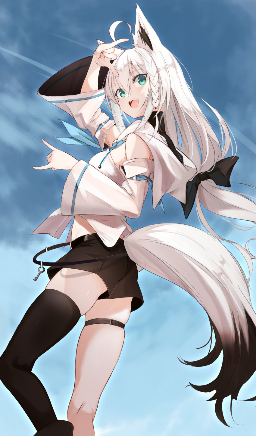 1girl absurdres ahoge animal_ears arm_up black_legwear black_shorts blue_neckwear bow commentary_request detached_sleeves eyebrows_visible_through_hair fox_ears fox_girl fox_shadow_puppet fox_tail green_eyes hair_between_eyes hair_bow highres hololive homo_1121 long_hair looking_at_viewer looking_to_the_side neckerchief open_mouth shirakami_fubuki short_shorts shorts single_thighhigh solo tail thigh-highs thigh_strap virtual_youtuber white_hair white_hoodie white_sleeves