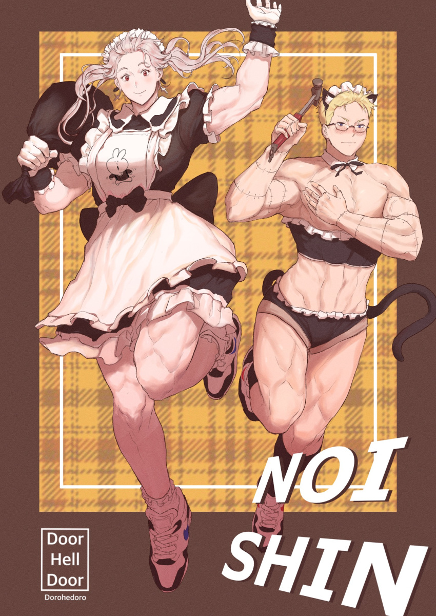1boy 1girl abs airpro033 alternate_costume alternate_hairstyle apron bag blonde_hair blue_eyes blush bow bowtie breasts cat cat_boy character_name chest couple covering covering_chest detached_collar dorohedoro english_text full_body glasses hammer hetero highres long_hair maid maid_apron maid_headdress muscle muscular_female noi_(dorohedoro) puffy_sleeves red_eyes revealing_clothes shin_(dorohedoro) shoes short_hair stitches thick_thighs thighs white_hair