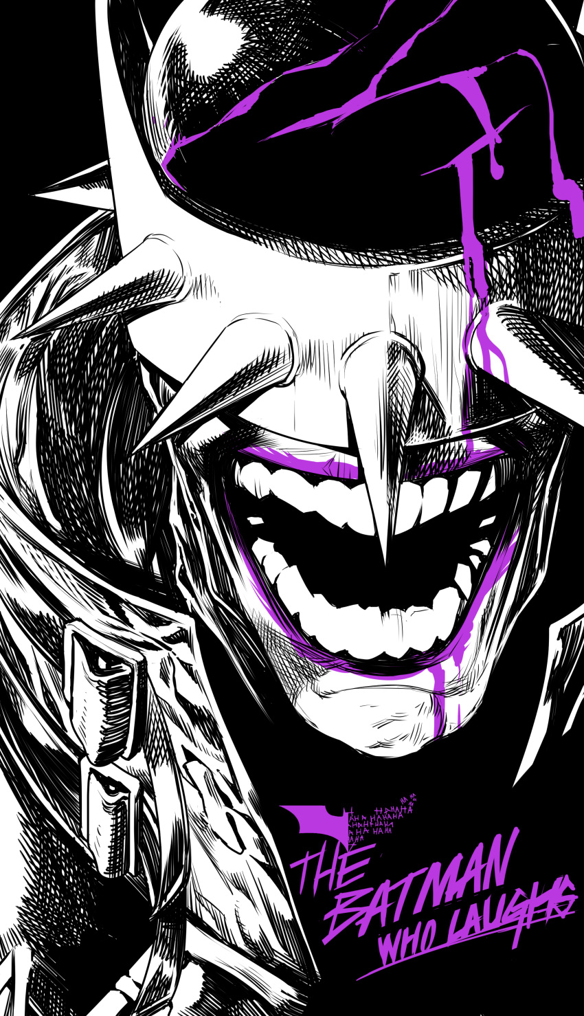 1boy absurdres batman_(series) character_name close-up dc_comics highres jin_rou laughing mask monochrome open_mouth solo spikes spot_color the_batman_who_laughs