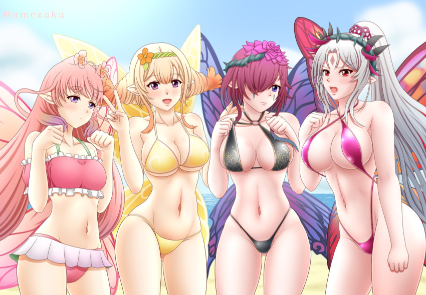 4girls amezuku bare_legs beach bikini bikini_skirt black_bikini black_swimsuit blonde_hair blue_eyes blush breasts fairy fairy_wings fire_emblem fire_emblem_heroes flower grey_hair hair_flower hair_ornament large_breasts long_hair looking_at_viewer midriff mirabilis_(fire_emblem) multiple_girls ocean one_eye_covered peony_(fire_emblem) pink_bikini pink_hair pink_swimsuit plumeria_(fire_emblem) pointy_ears ponytail purple_bikini purple_swimsuit red_eyes short_hair sideboob small_breasts smile swimsuit tattoo thighs triandra_(fire_emblem) under_boob violet_eyes wide_hips wings yellow_bikini yellow_swimsuit