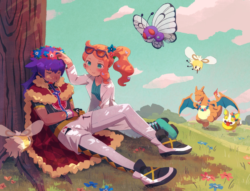 1boy 1girl ^_^ bangs baseball_cap black_gloves black_shirt blue_sky blush boots butterfree cape charizard closed_eyes closed_mouth clouds commentary_request cutiefly day dynamax_band eyewear_on_head fangs fiery_tail flower flying fur-trimmed_cape fur_trim gen_1_pokemon gen_7_pokemon gen_8_pokemon glasses gloves grass green_eyes green_footwear green_shirt grey_pants hair_flower hair_ornament happy hat head_wreath heart heart_hair_ornament highres iroidori4422 labcoat leggings leon_(pokemon) long_hair looking_at_another open_mouth orange_hair outdoors pants partly_fingerless_gloves pokemon pokemon_(creature) pokemon_(game) pokemon_swsh print_shirt purple-framed_eyewear purple_hair red_cape shirt shoes shorts side_ponytail sitting sky sleeping sleeping_upright smile sonia_(pokemon) tail tongue tongue_out tree white_legwear white_shorts yamper