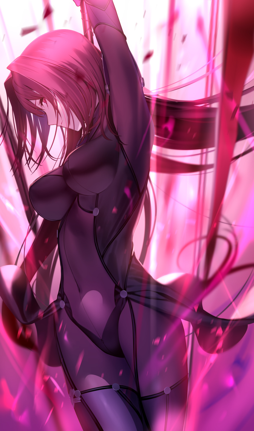 1girl arm_up bangs bodysuit breasts closed_mouth eyebrows fate/grand_order fate_(series) gae_bolg hair_between_eyes highres long_hair looking_at_viewer mashima_saki_(mashimasa) navel polearm purple_hair red_eyes scathach_(fate)_(all) scathach_(fate/grand_order) solo spear straight_hair weapon