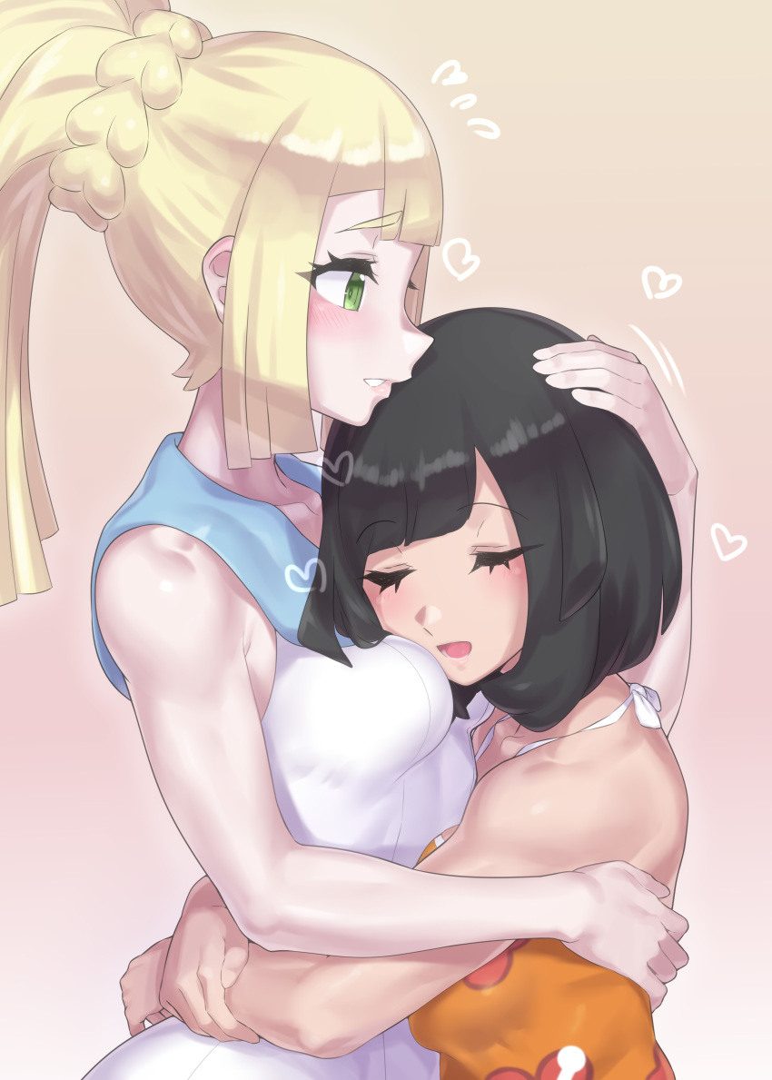 2girls absurdres bangs bare_arms black_hair blonde_hair blush breasts closed_eyes collarbone commentary_request eyebrows_visible_through_hair eyelashes flying_sweatdrops green_eyes hand_on_another's_head heart highres hug lillie_(pokemon) long_hair mizuumi_(bb) multiple_girls open_mouth parted_lips pokemon pokemon_(game) pokemon_usum ponytail selene_(pokemon) shiny shiny_hair sidelocks small_breasts smile teeth tongue yuri